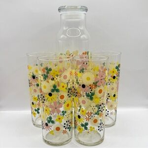 Fishs Eddy Nordstrom "Very Groovy" Floral Glassware Set Carafe & 4 Glasses NWT